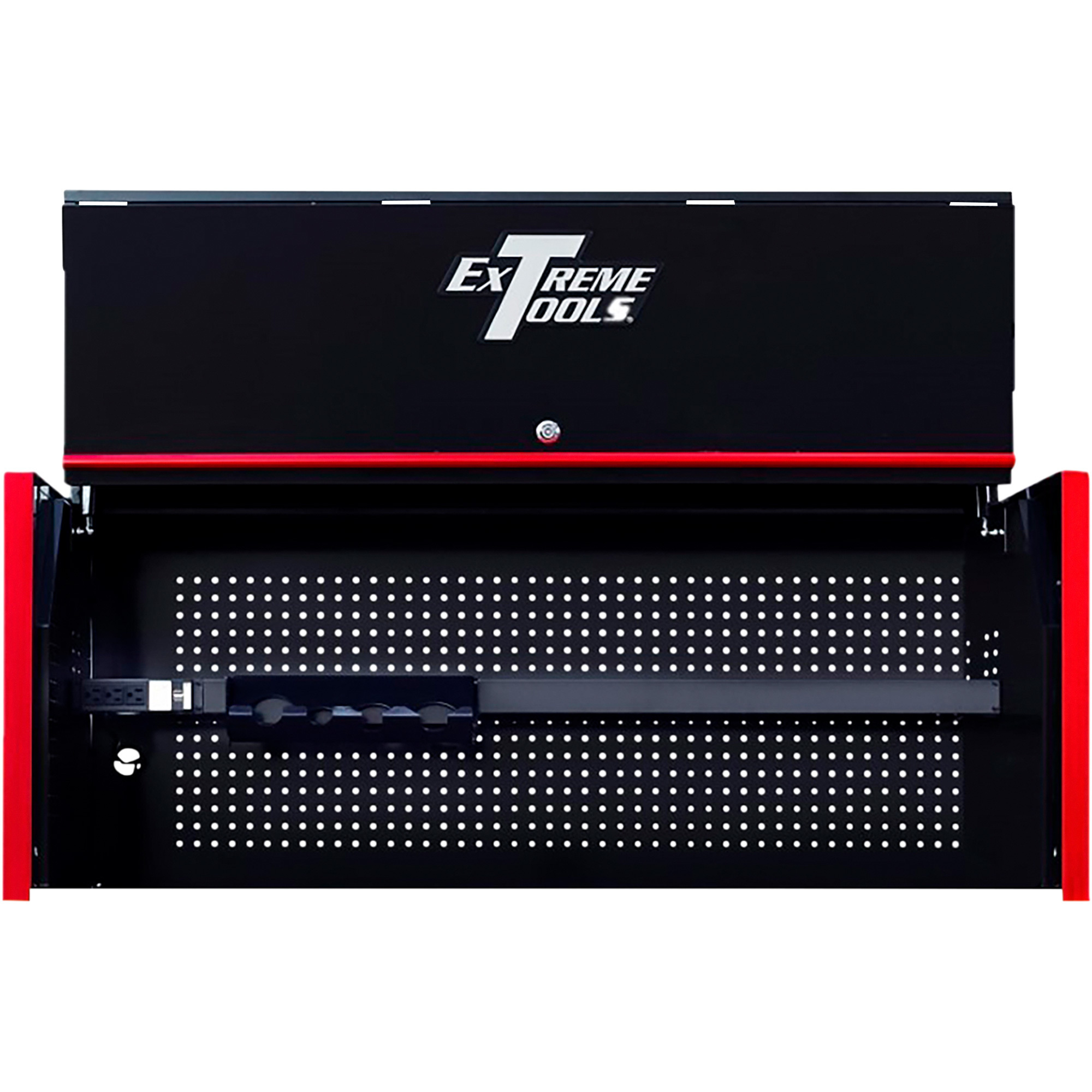 Extreme Tools Power Workstation Hutch - 55in.W x 25in.D, Adjustable Shelf, Power Strip with USB Ports, Black/Red, Model# RX552501HCBKRD